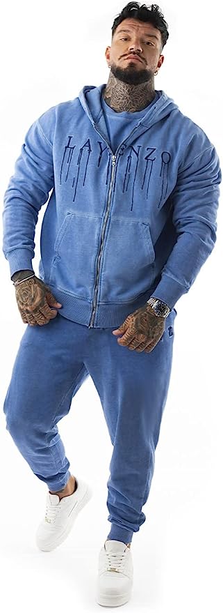 LAVENZO - Tuta Uomo Completa Elegante 100% Cotone - Azzurro Zip Cappuccio